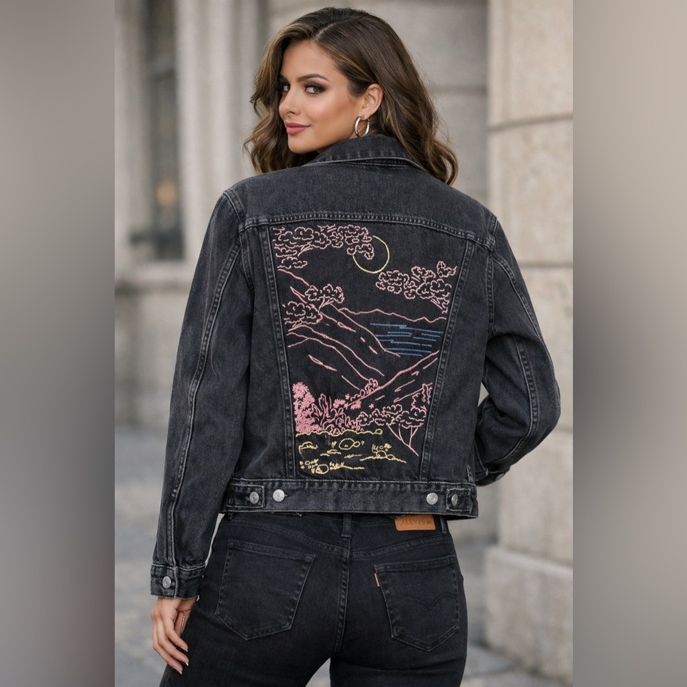 Levi’s Premium Embroidered Denim Jacket Washed Black Mountain Scene Oversized S
